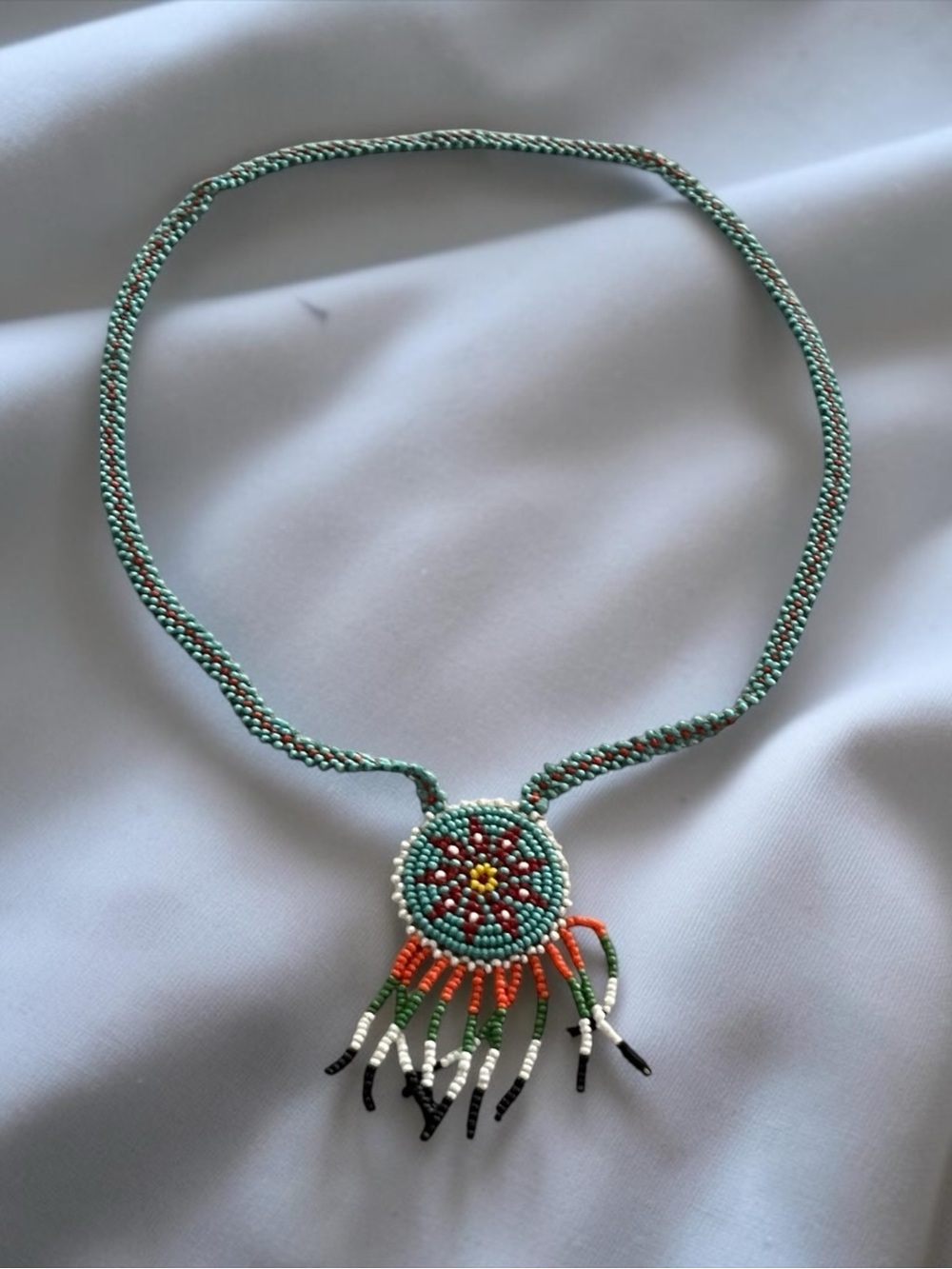 Handmade Turquoise Seed Bead Fringe Necklace - Artisan Women’s Jewelry - Picture 3 of 4